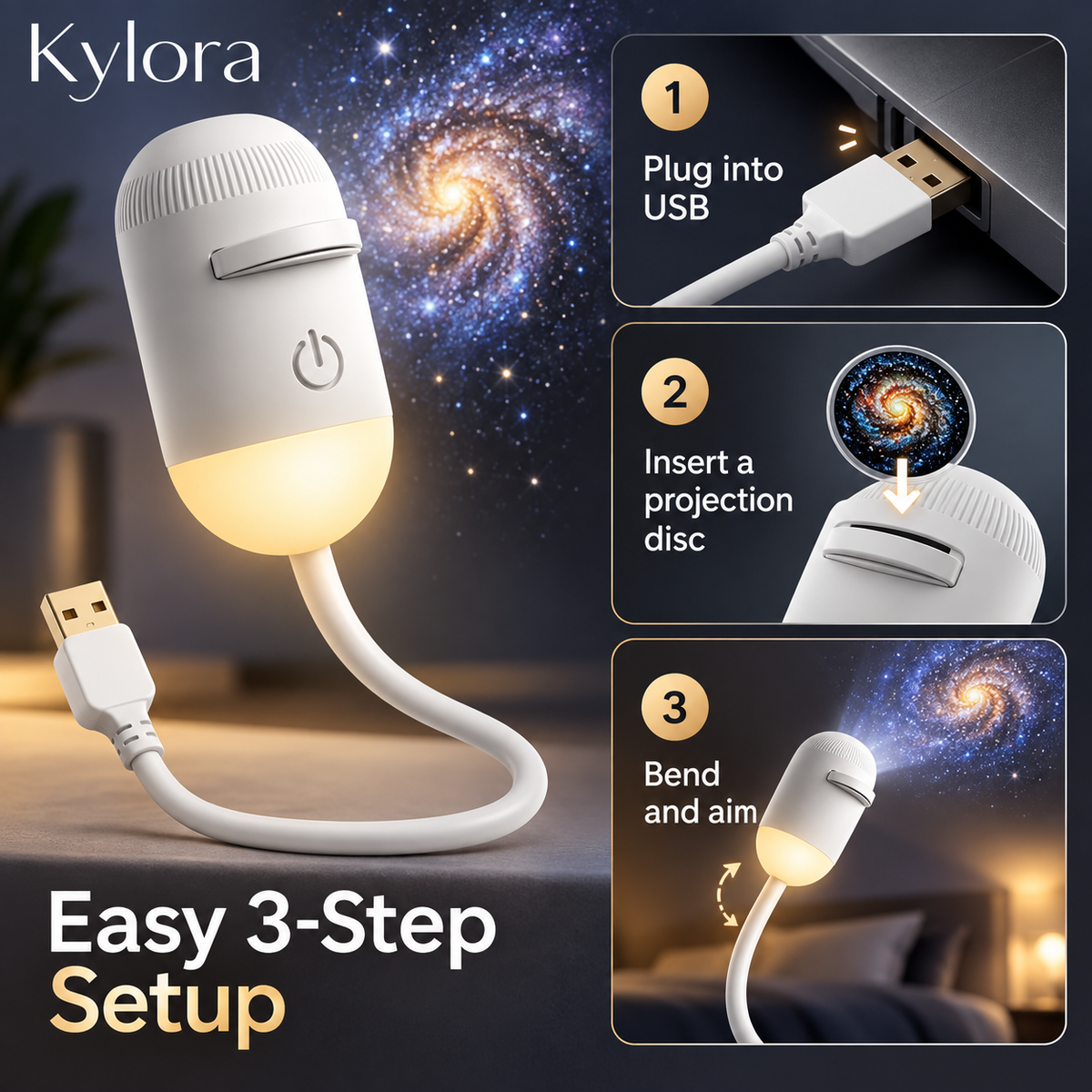 Kylora™ GalaxyGlow 2-in-1 Night Light Projector