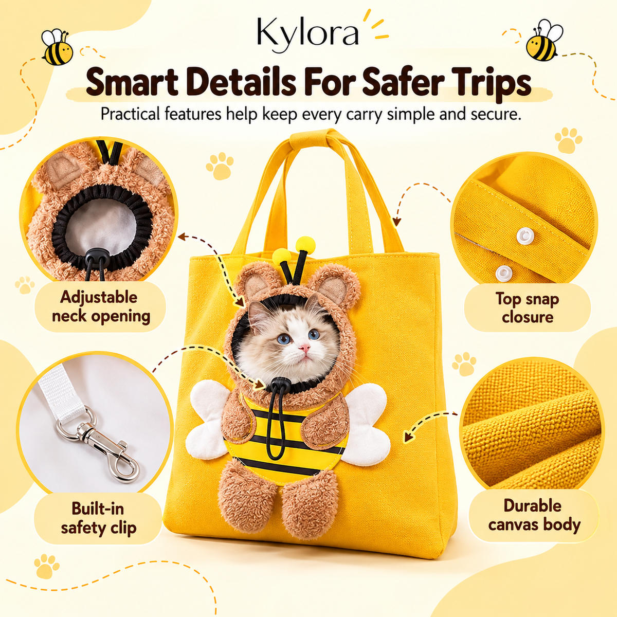 Kylora™ BeeCarry Canvas Pet Carrier Tote